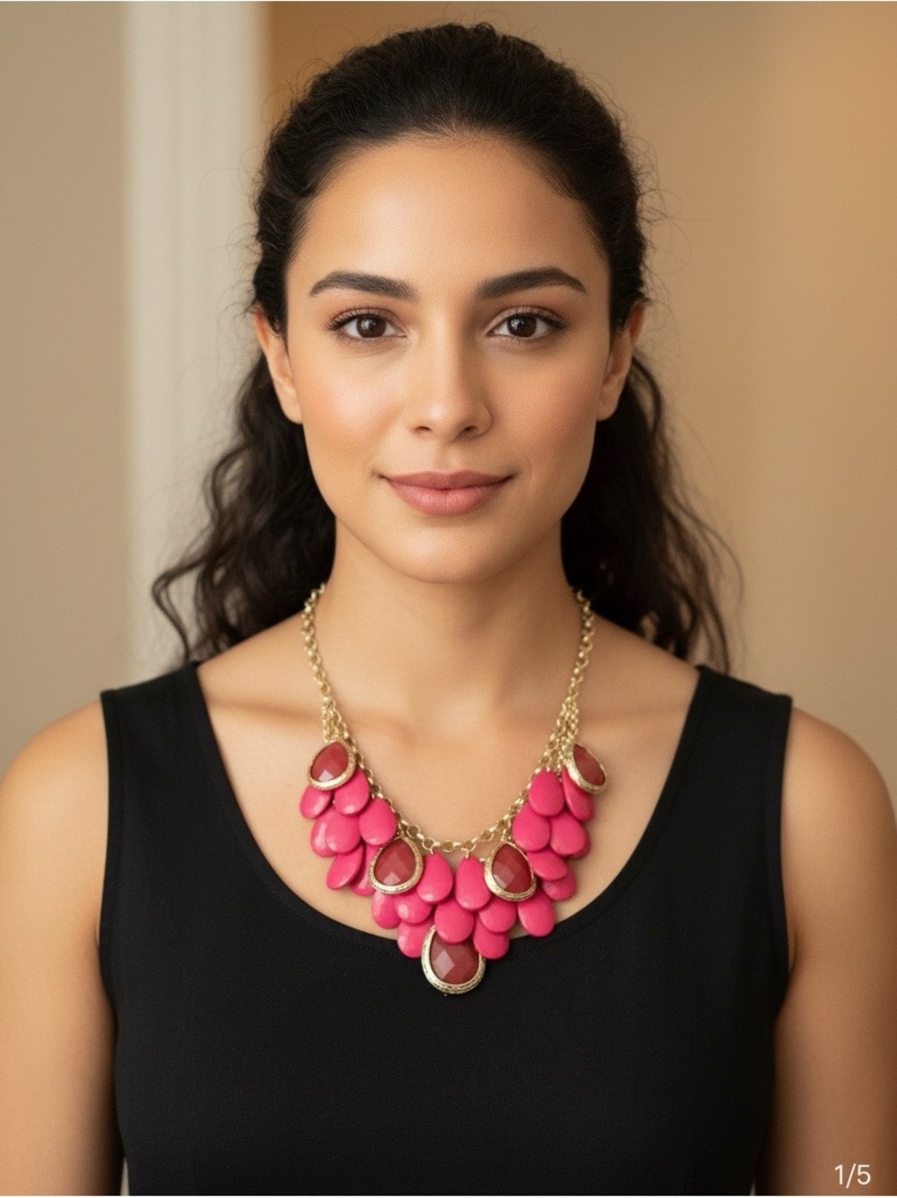 Cara New York Statement Bib Necklace - Hot pink and gold tone Teardrop